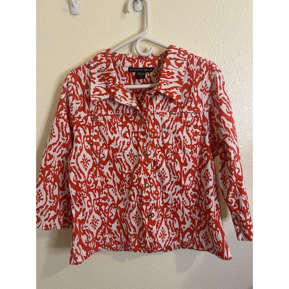 Mirror Image Women's XL Red/White Abstract Collared Button-Up 3/4 Sleeve Blouse